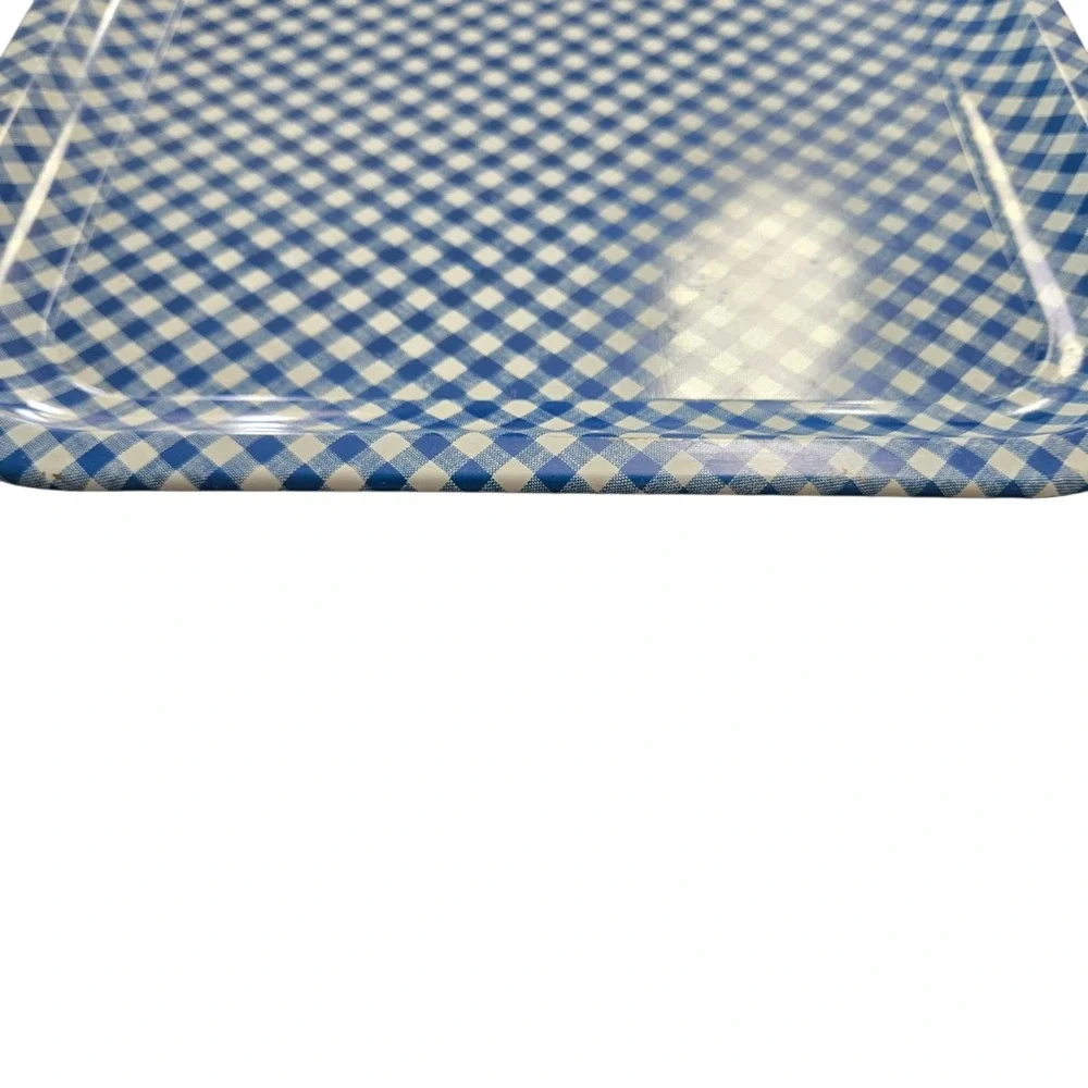 Vintage Blue & White Gingham Check Metal Serving Tray 13.75